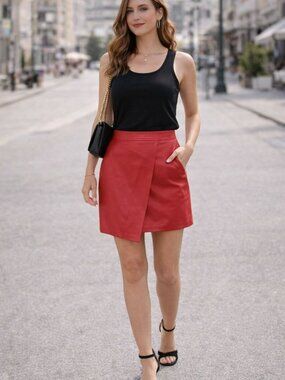 BCBGMAXAZRIA Red Faux Leather Wrap Mini Skirt Size XL